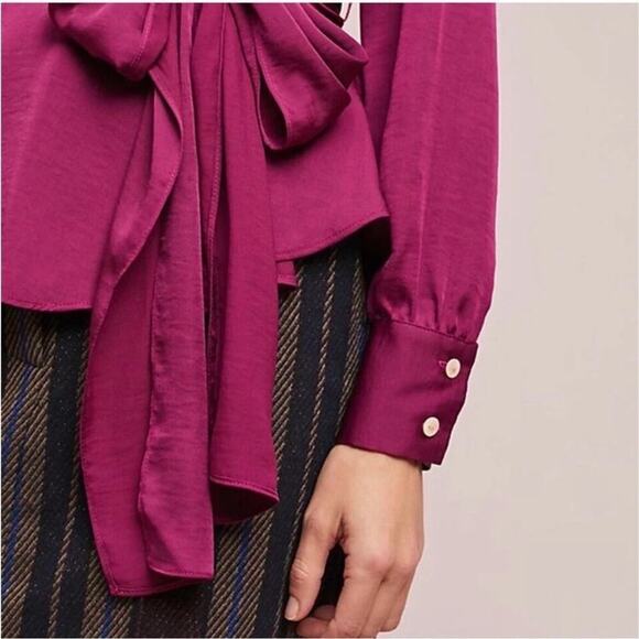 Anthropologie Moulinette Soeurs Burgundy Satin Wrap Blouse – Deep V Long Sleeve - Picture 3 of 14